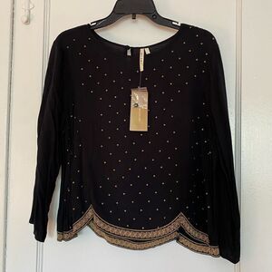 NWT Francesca's Black Blouse Top with Gold Embroidery and Details Size Large